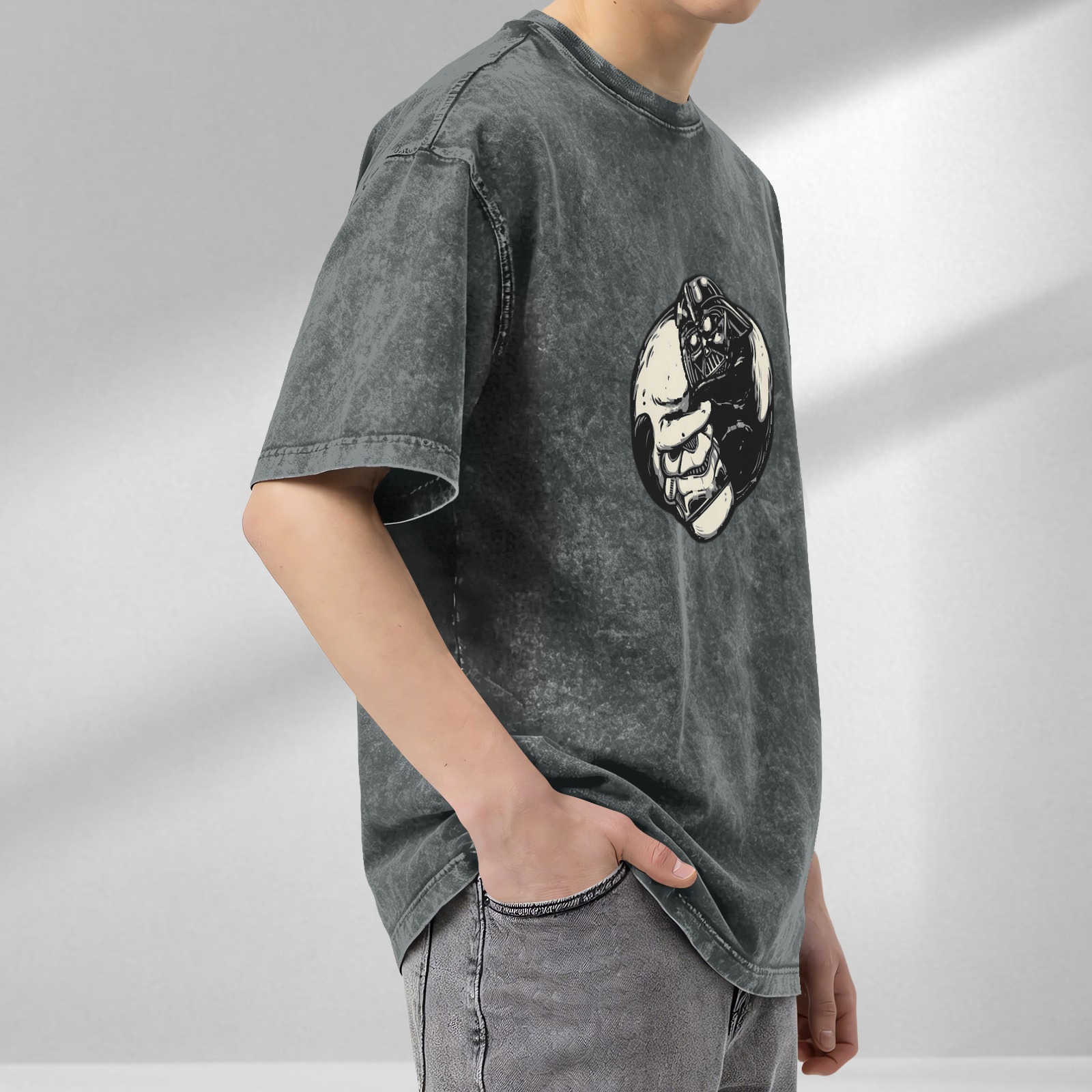 Washed Black Oversized T-Shirt with Split Darth Vader Skull Graphic