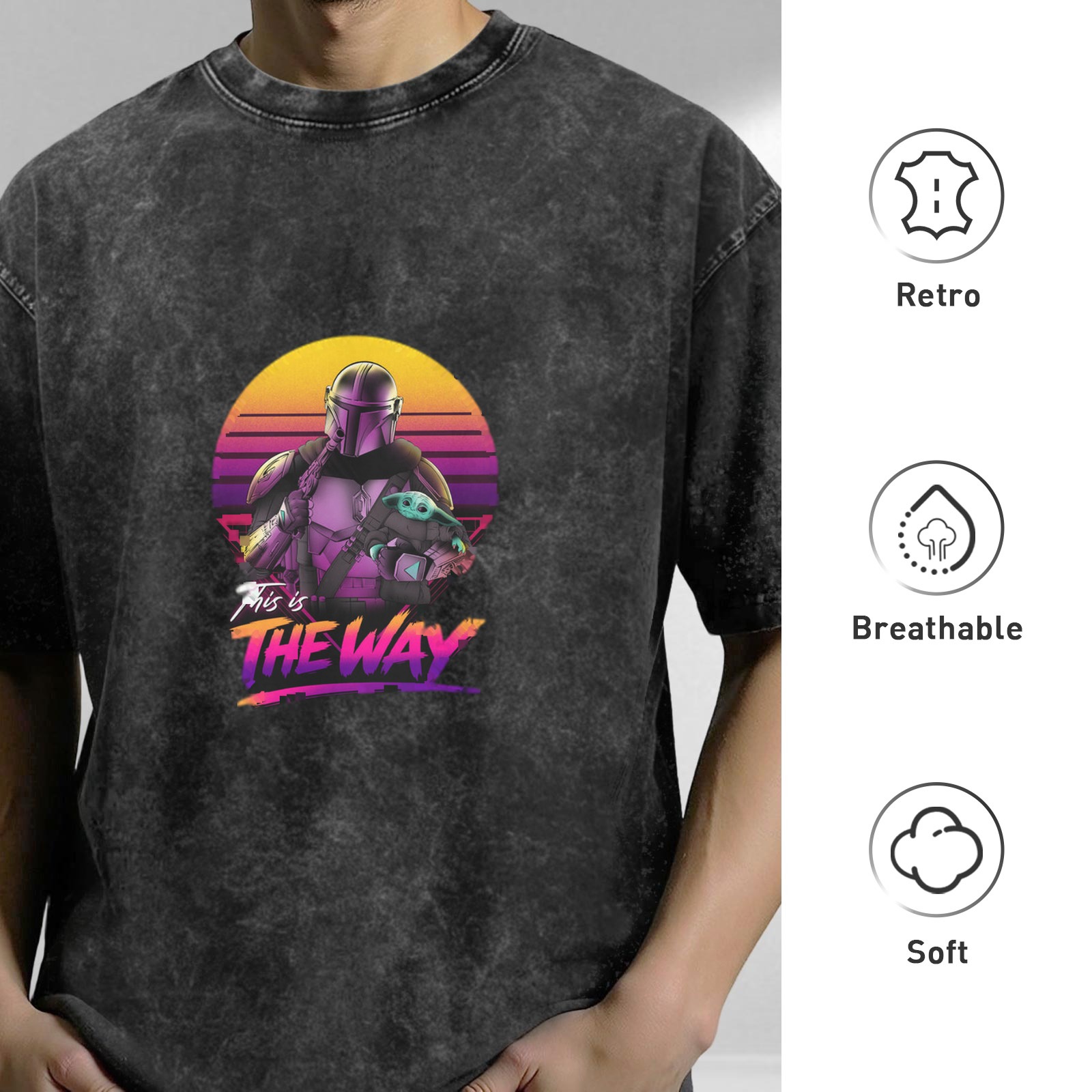 Washed Cotton T-Shirt with Mandalorian This Is The Way Synthwave Print