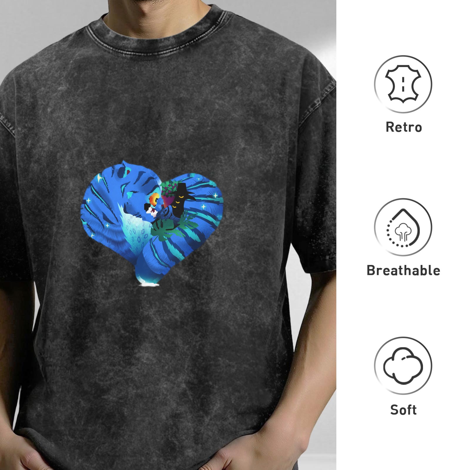 Washed Black T-Shirt With Heart Shaped Peacock Graphic