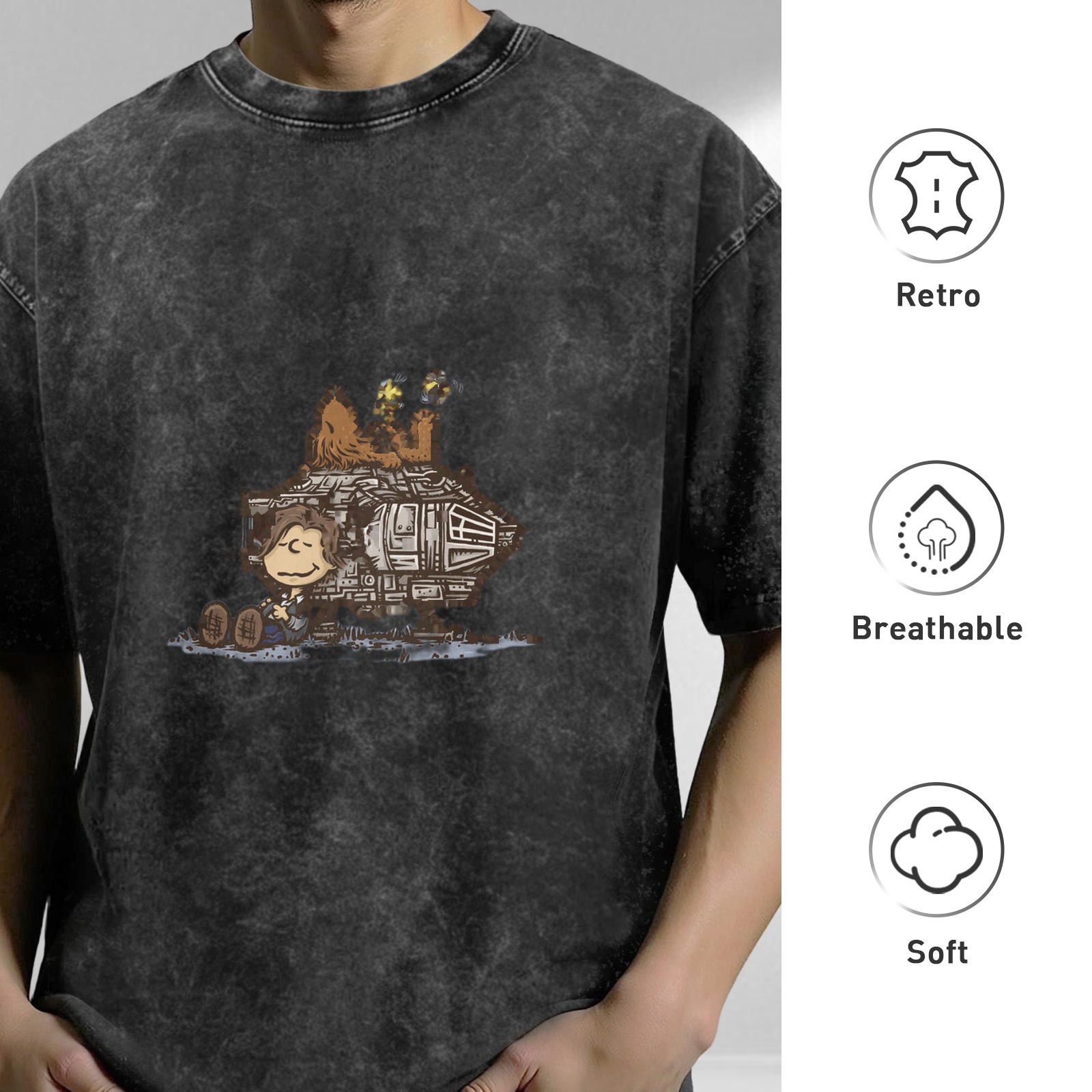Distressed washed black short-sleeved T-shirt, co-branded Peanuts comic Star Wars themed print, casual loose round neck top