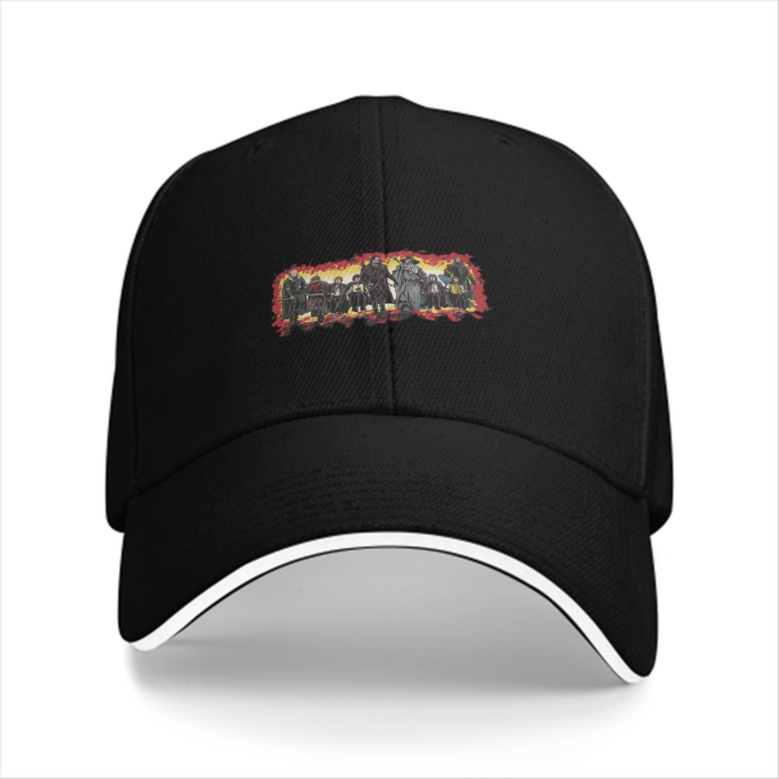 Black baseball cap with fantasy adventure group character print