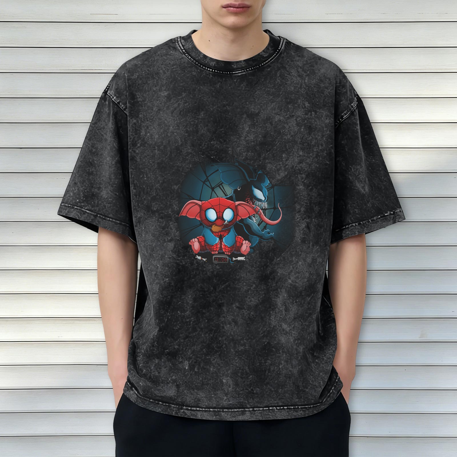 Washed black oversized t-shirt with Spider-Man Stitch and Venom graphic