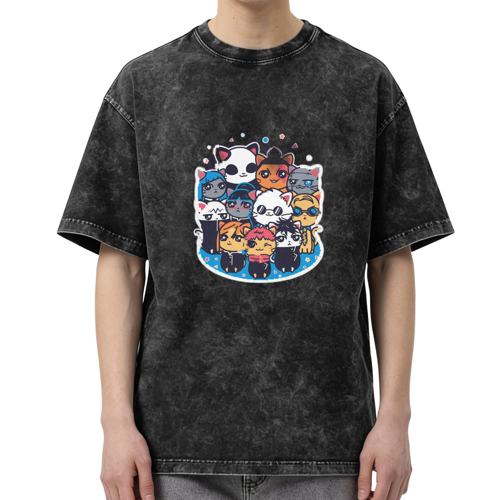Washed black oversized t-shirt with cute anime cat character group print