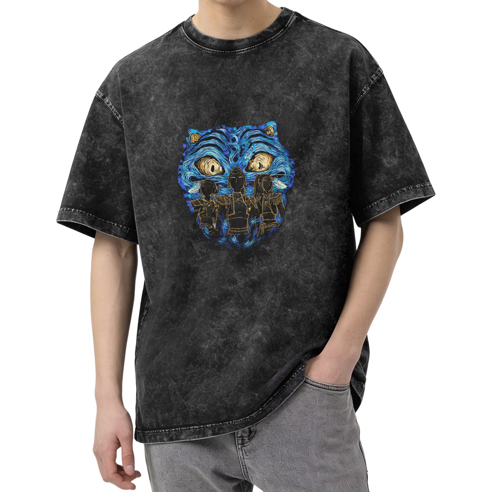 Oversized Dark Wash T-Shirt With Blue Tiger Artwork Print