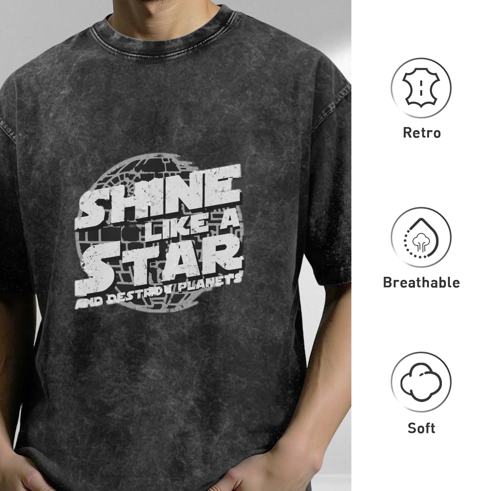 Washed Cotton T-Shirt With Shine Like A Star Destroy Planets Print