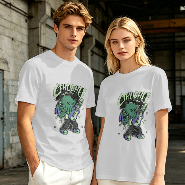 Olive T-Shirt Featuring Chibi Cthulhu Rocking a Guitar