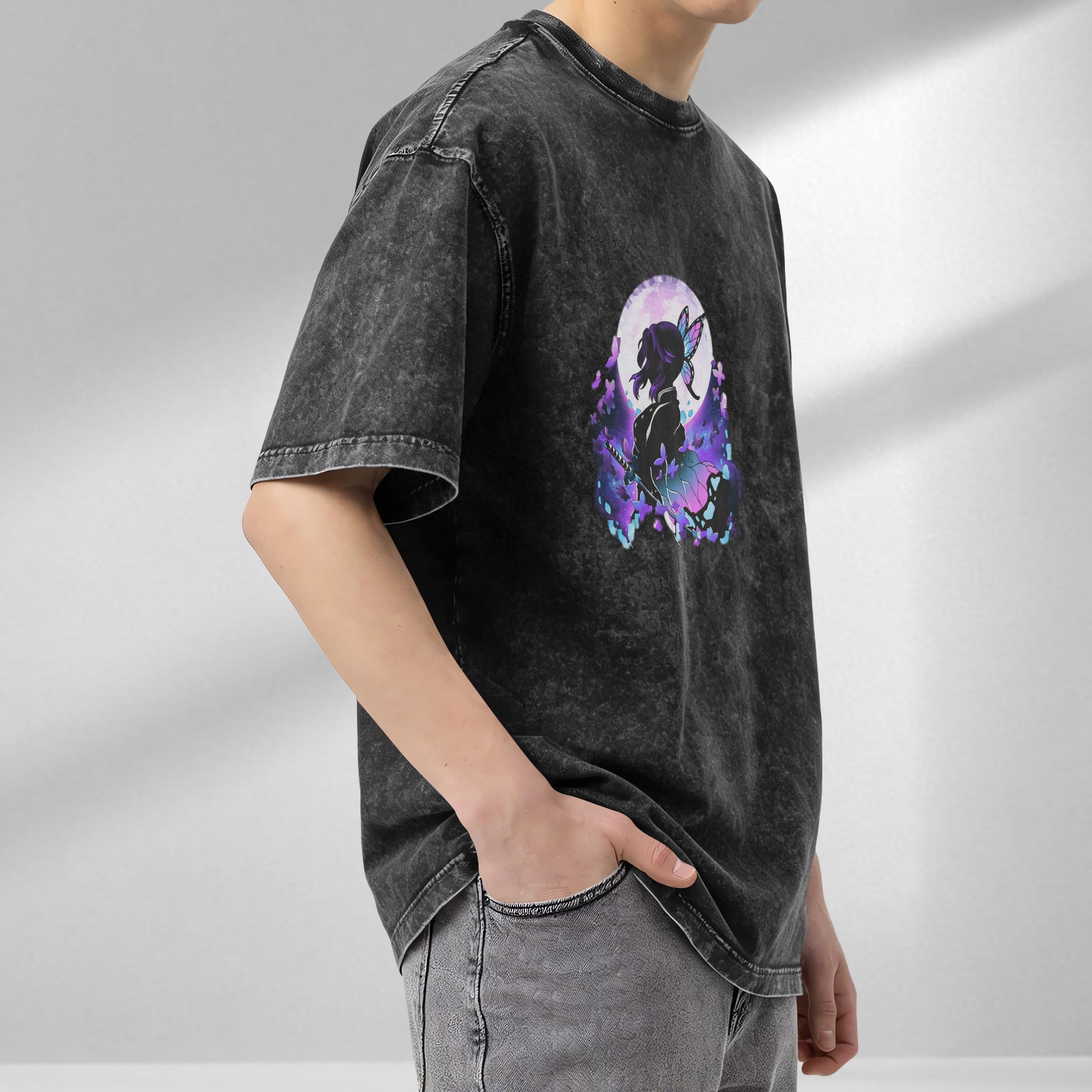 Oversized Acid Wash T-Shirt With Anime Butterfly Silhouette Graphic