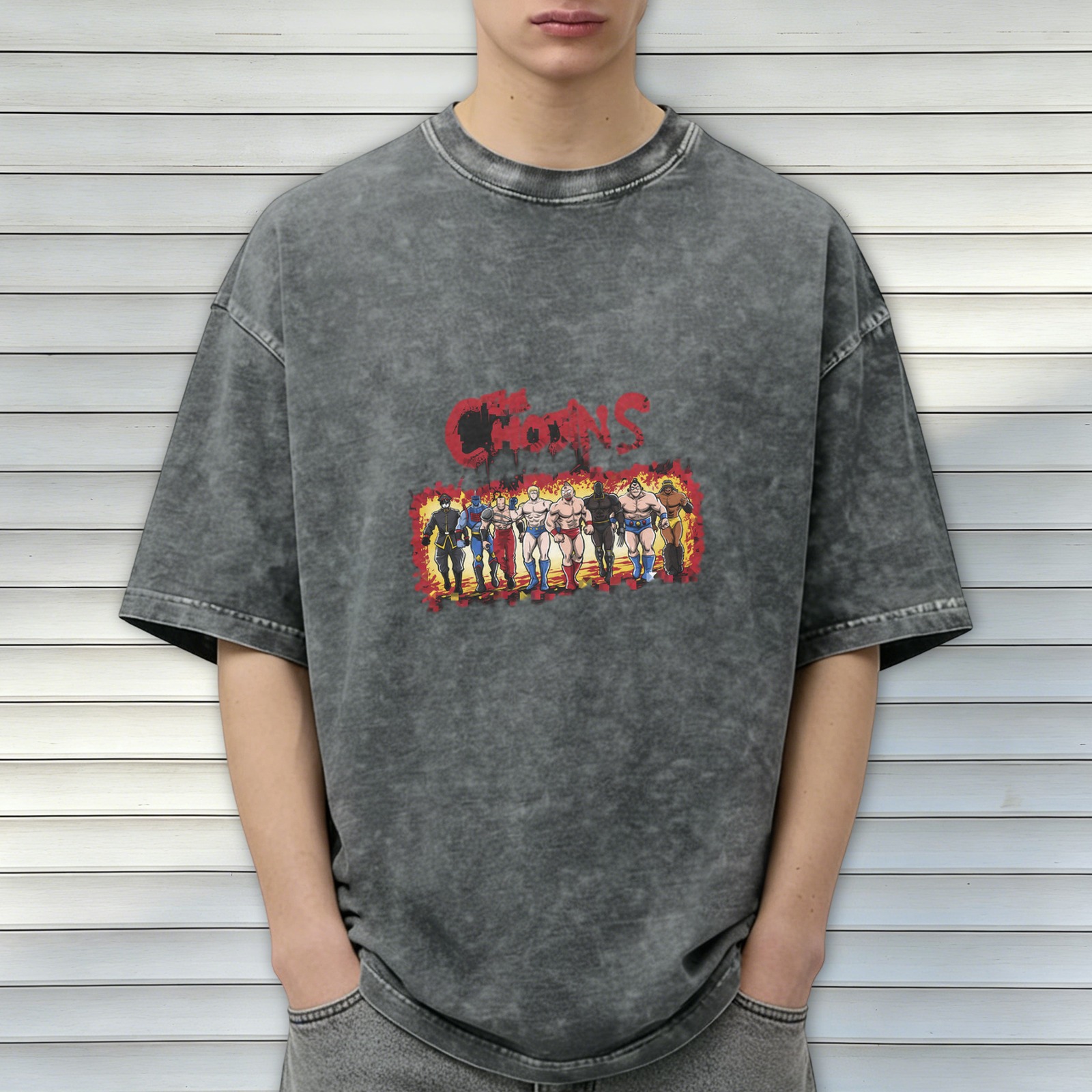 Washed Black Graphic T-Shirt with Retro Wrestler Team Print