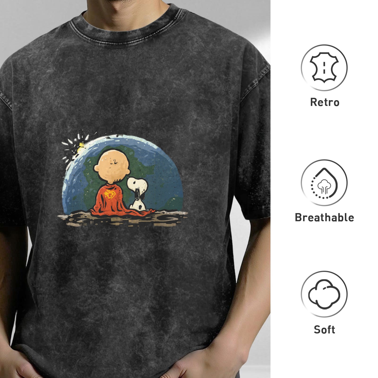 Washed distressed black loose short-sleeved T-shirt Peanuts comic Charlie Brown Snoopy printed top