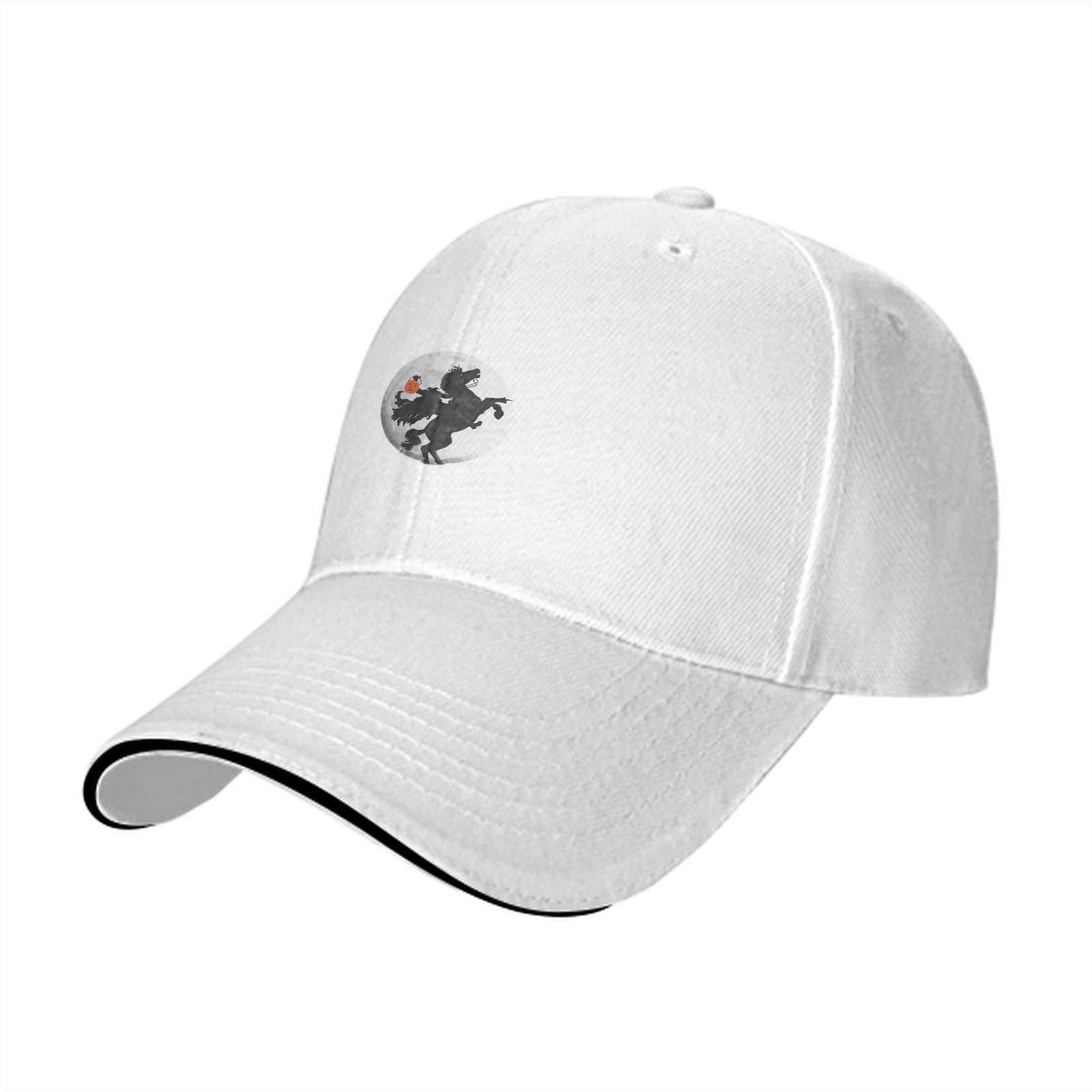 Black baseball cap with headless horseman silhouette graphic