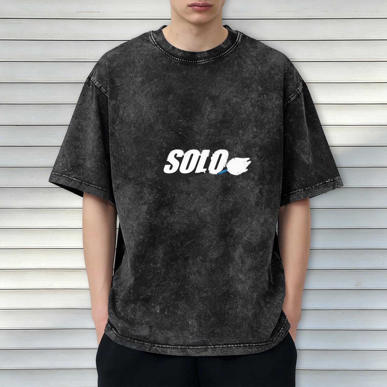 Oversized Acid Wash Black T-Shirt with SOLO Graphic Print