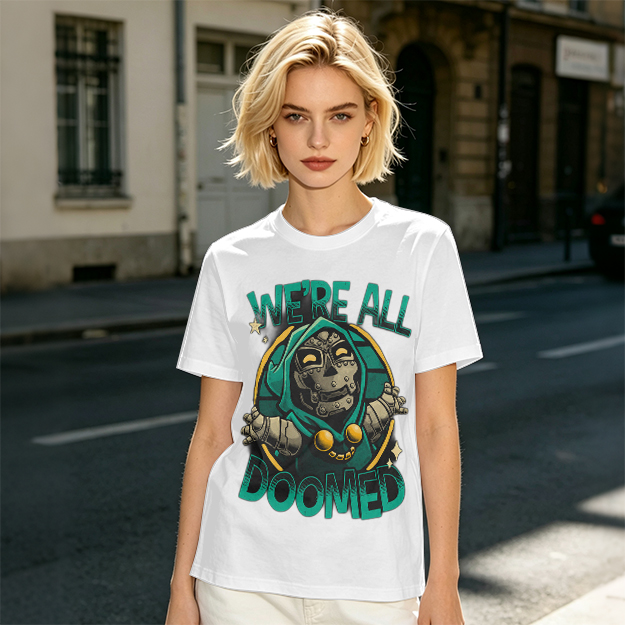 Olive T-Shirt Featuring 'We're All Doomed' Doom Character Art