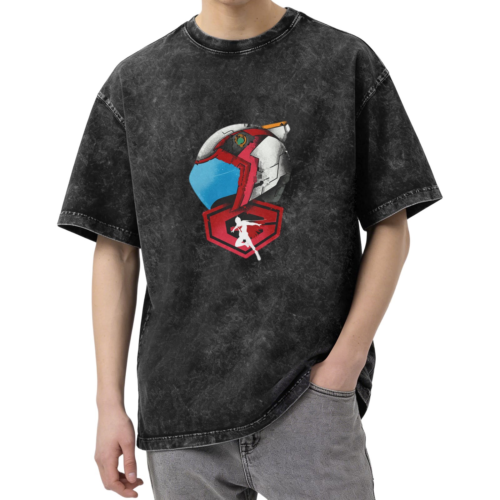 Oversized Acid Wash T-Shirt With Anime Mech Helmet Print