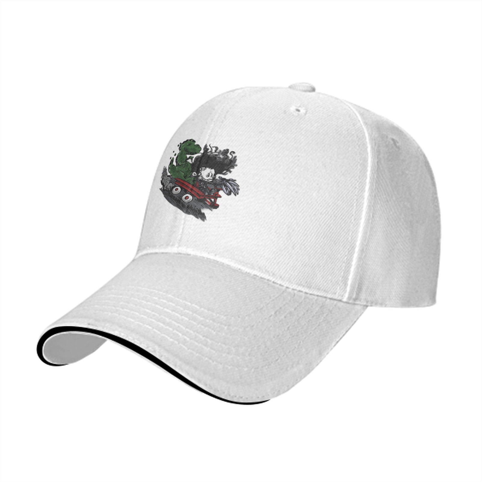 Black baseball cap with anime villain graphic print