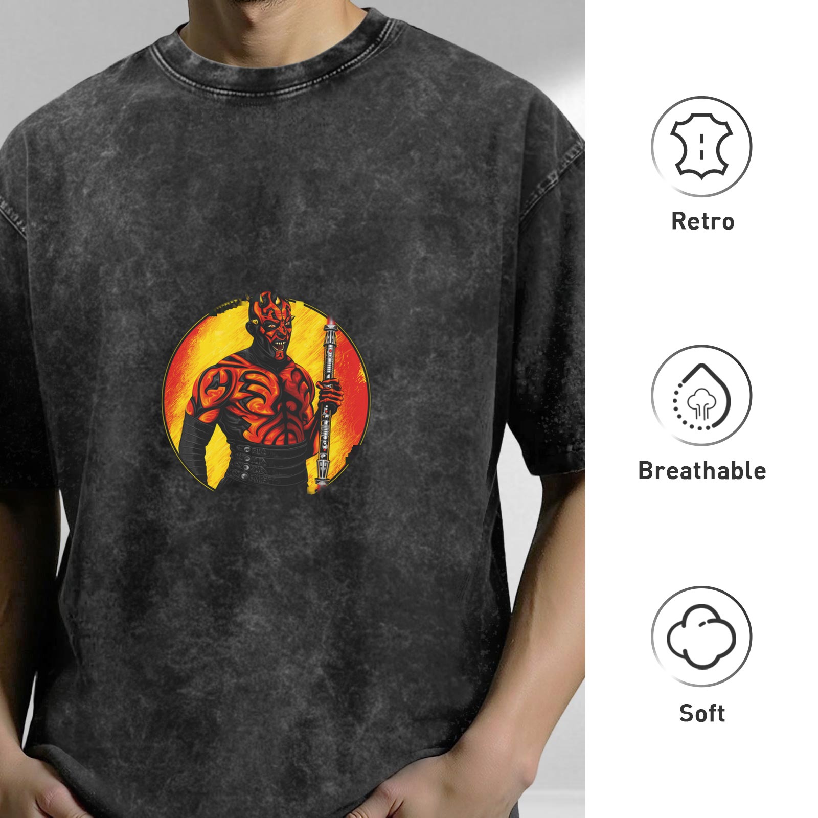 Oversized Acid Wash T-Shirt With Darth Maul Graphic Print