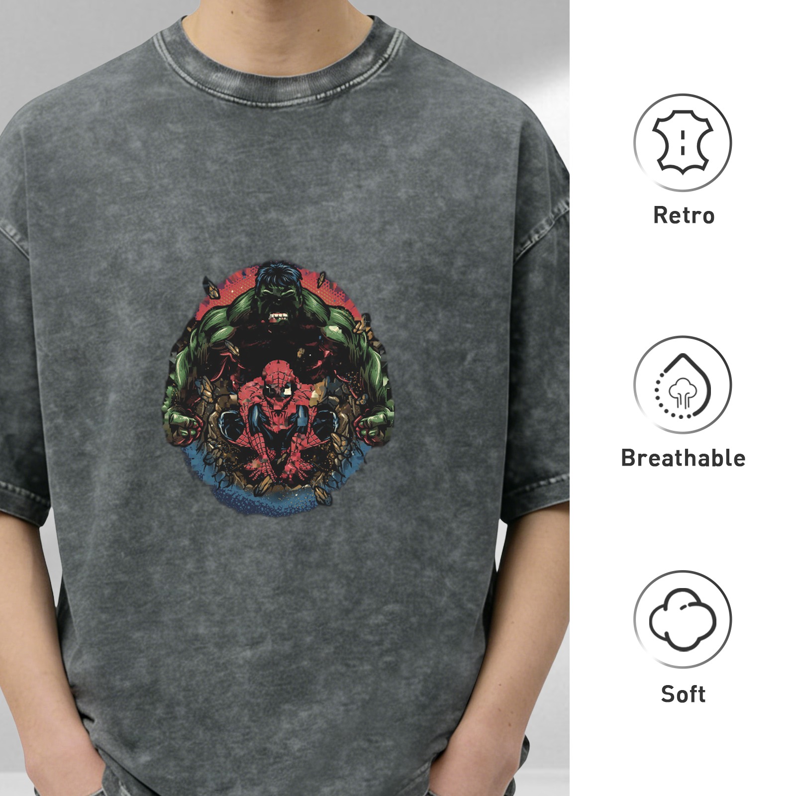 Marvel Hulk and Spider-Man Graphic Acid Wash Black T-Shirt