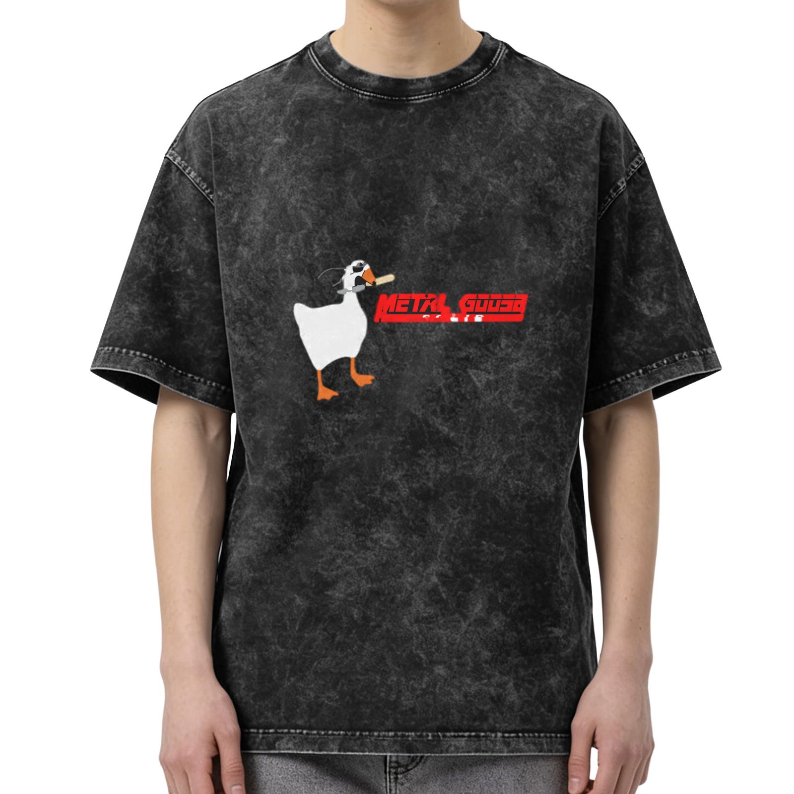 Oversized Stonewashed T-Shirt With Metal Gear Parody Goose Graphic