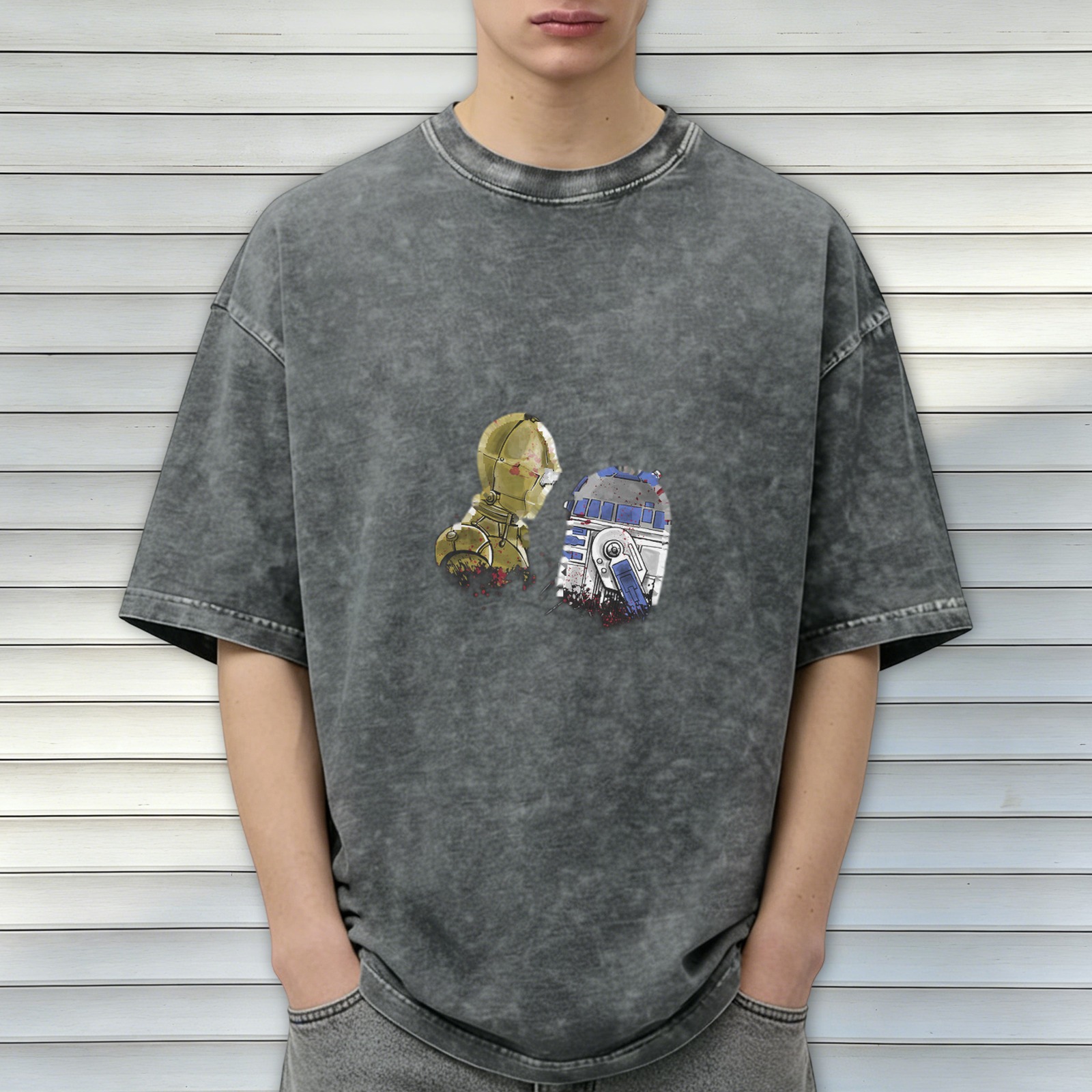 Distressed black short-sleeved T-shirt Star Wars C-3PO and R2-D2 printed loose top