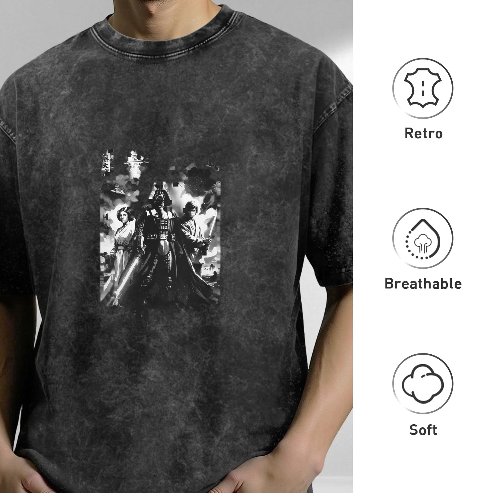 Star Wars Themed Vintage Wash T-Shirt featuring Darth Vader, Princess Leia and Luke Skywalker Graphic