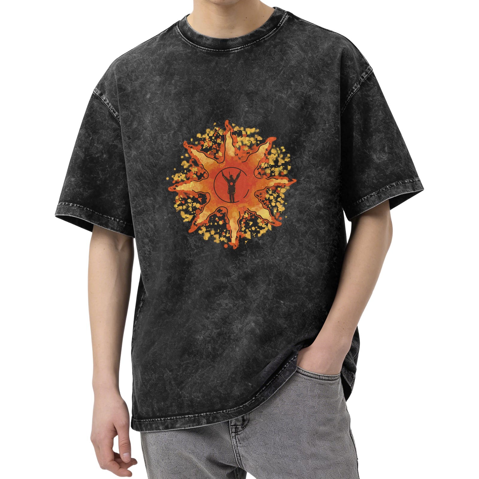Washed Black T-Shirt With Sunburst Knight Graphic