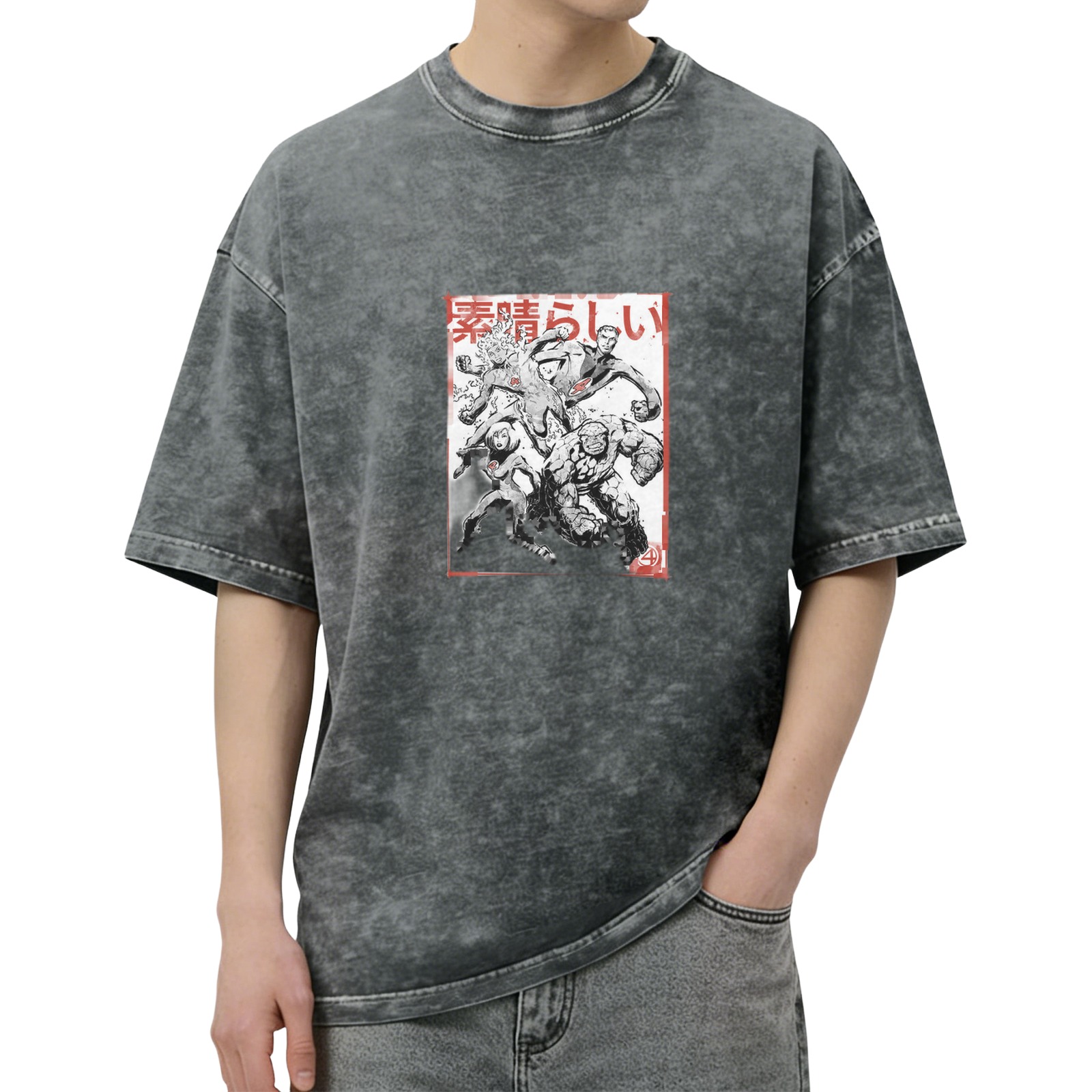 Oversized faded graphic t-shirt with manga-style superhero artwork