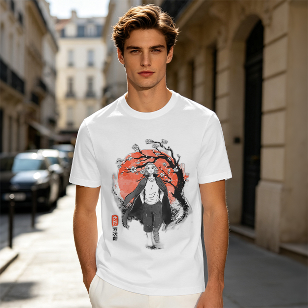Anime Character with Cherry Blossom Red Moon Graphic T-Shirt