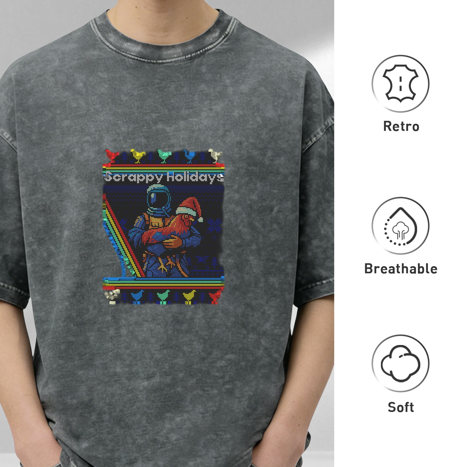 Washed Black T-Shirt with Retro Pixel Scrappy Holidays Astronaut Chicken Graphic