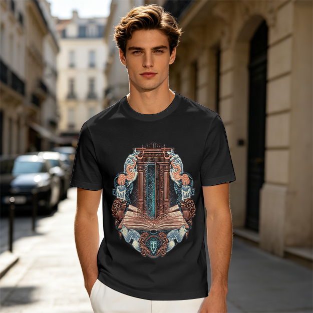 Olive T-Shirt With Ornate Architectural Book Print
