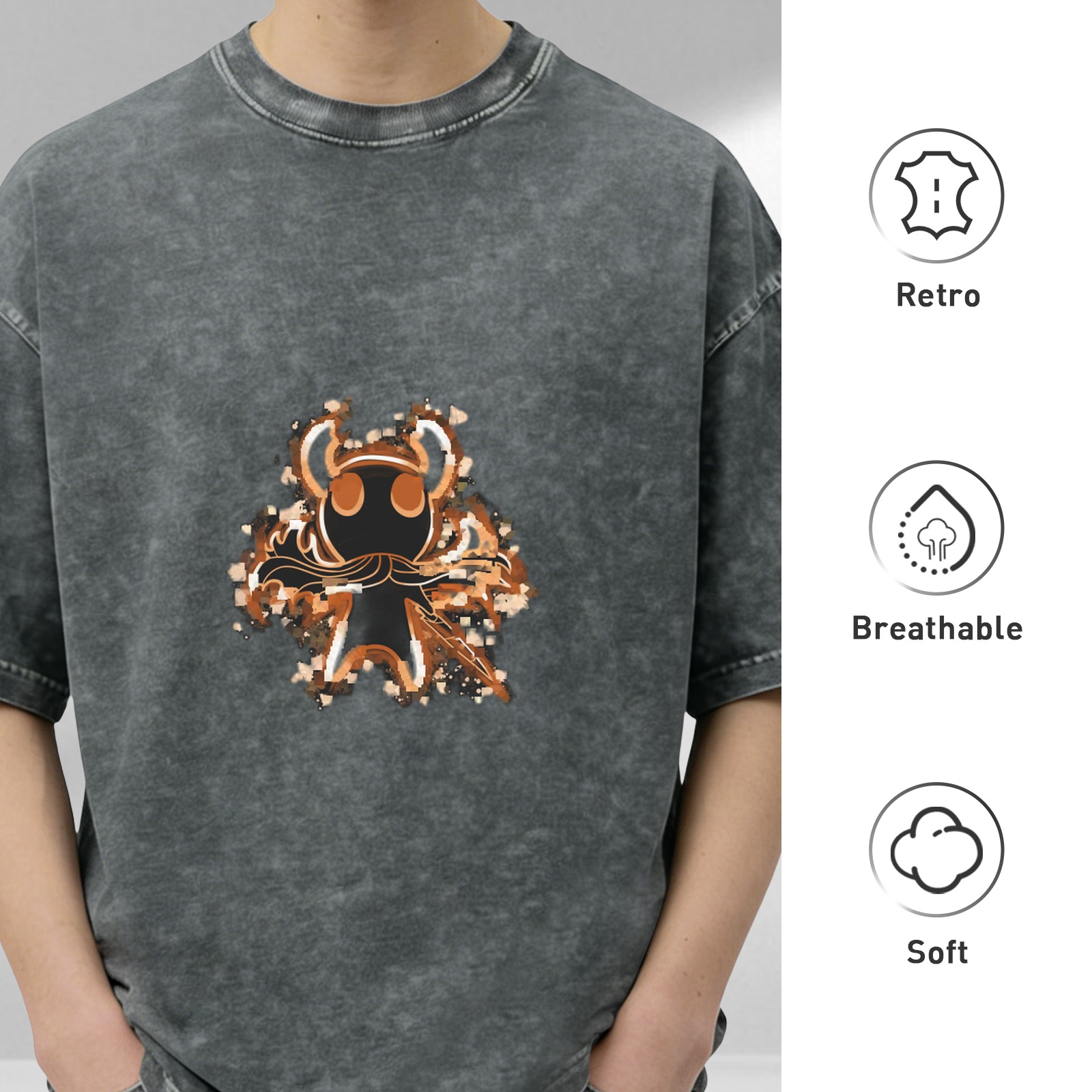 Washed Black Graphic T-Shirt with Hollow Knight Style Character Print