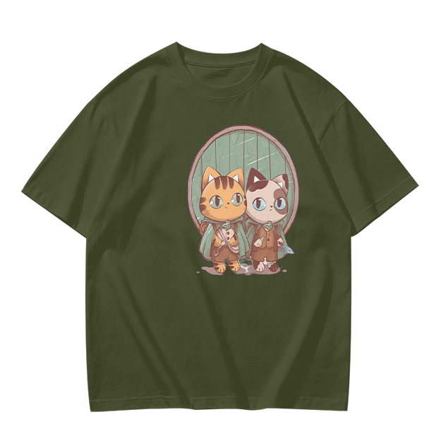 Olive Green T-Shirt With Cute Cat Fantasy Character Print