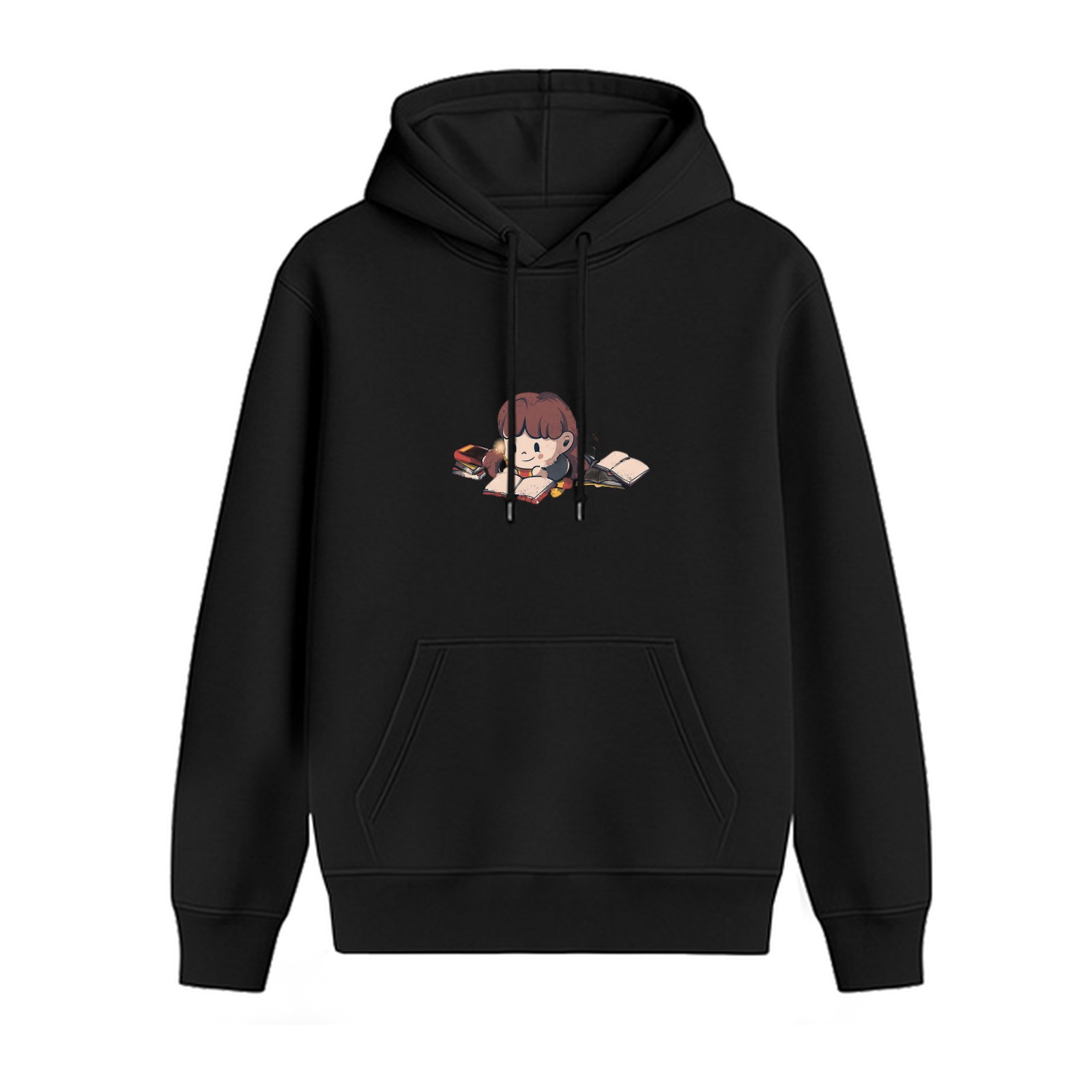 Black hoodie with chibi girl reading books graphic