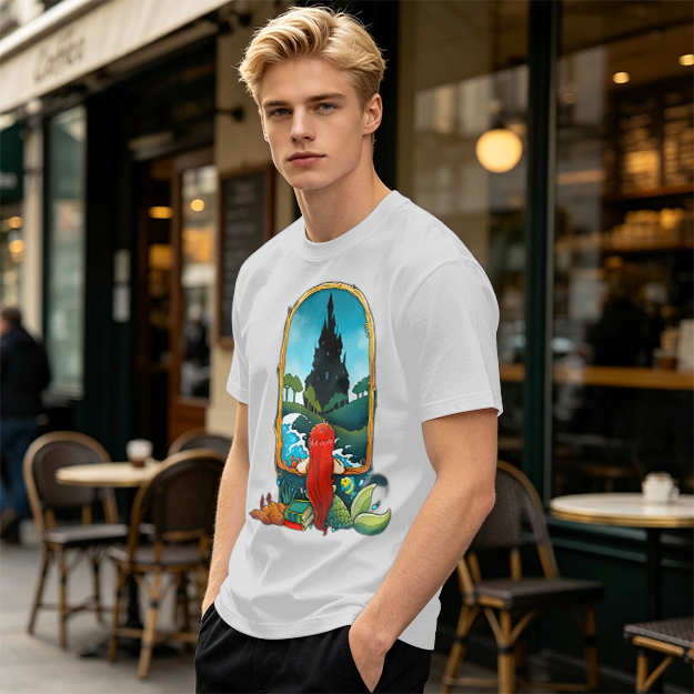 Olive T-Shirt With Mermaid Looking At Castle Art Print