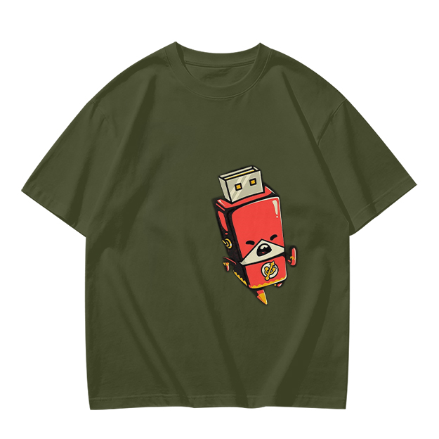 Olive T-Shirt With Cartoon USB Flash Drive Character Print