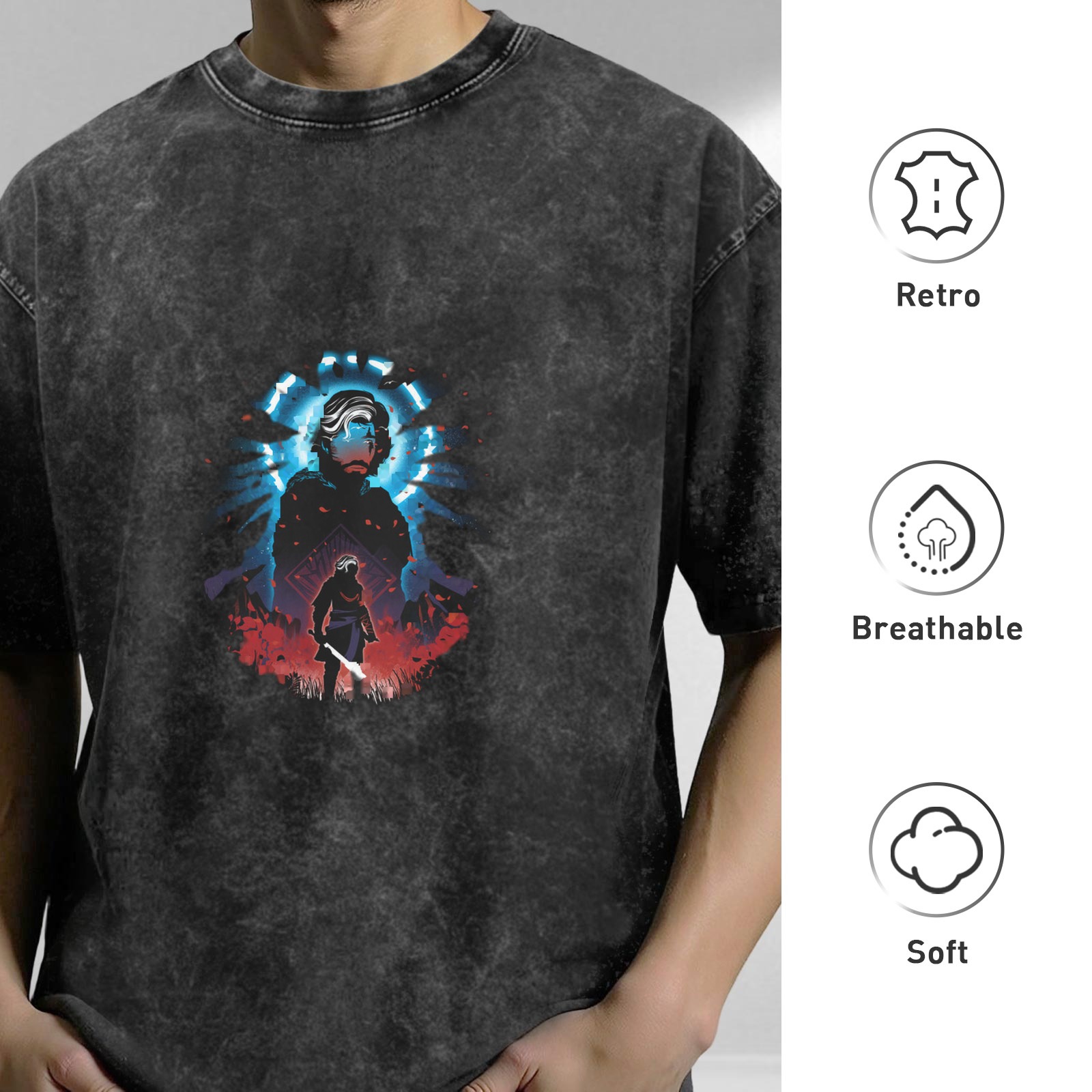 Washed Black Graphic T-Shirt With Fantasy Warrior Silhouette Print