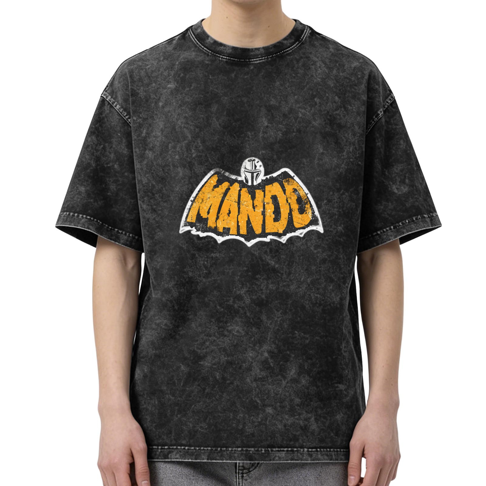 Washed Black Oversized T-Shirt with Mando Bat Logo Graphic