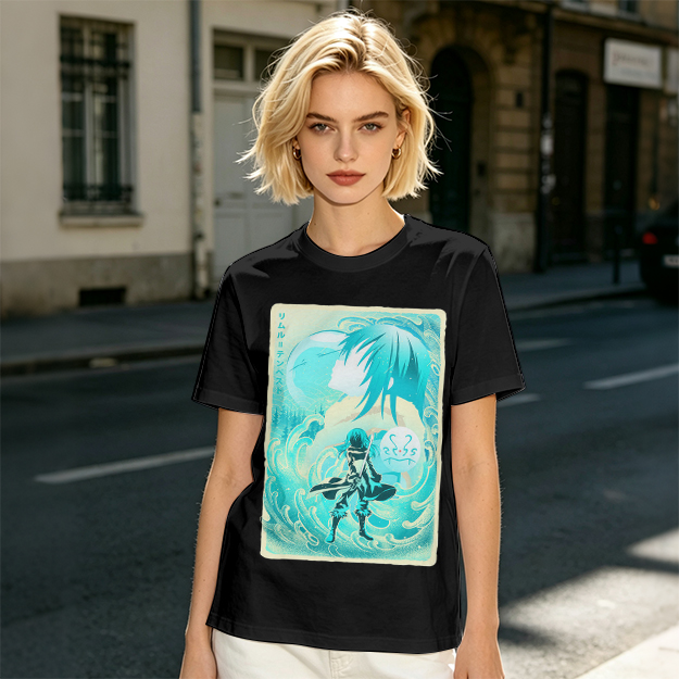 Anime character water design graphic dark green t-shirt