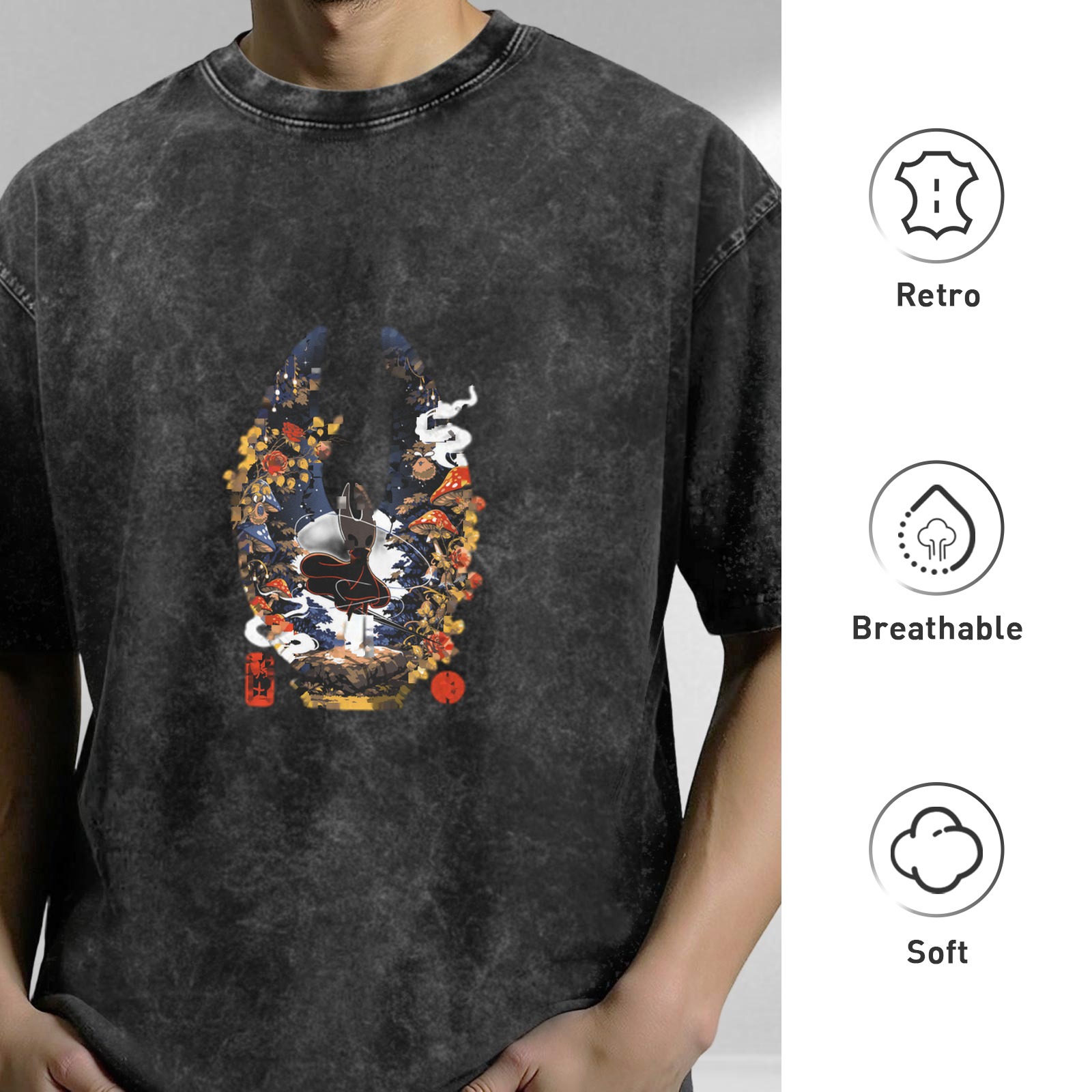 Washed black graphic t-shirt with fantasy mushroom and insect warrior design