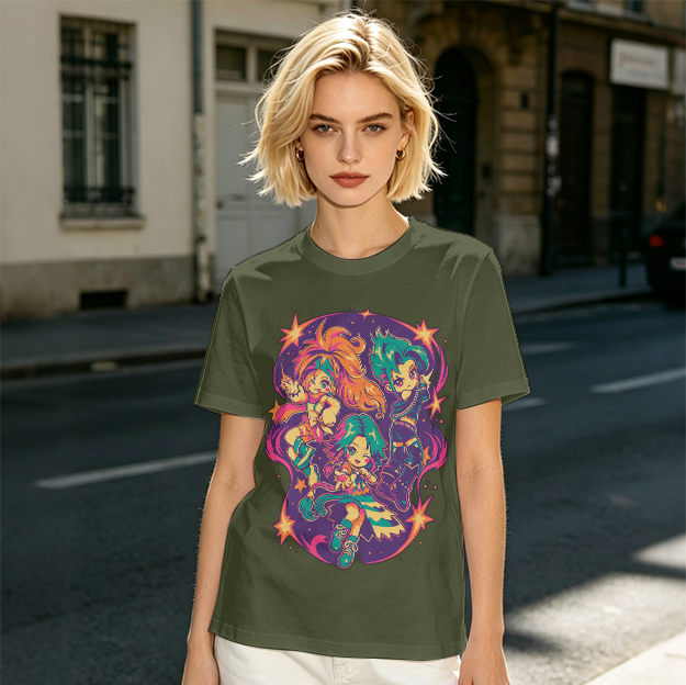 Olive T-Shirt With Vibrant Anime Chibi Characters Graphic Print