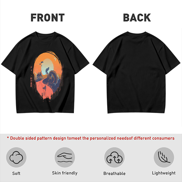 Olive T-Shirt with Sunset Mountain Wolf Silhouette Art Print