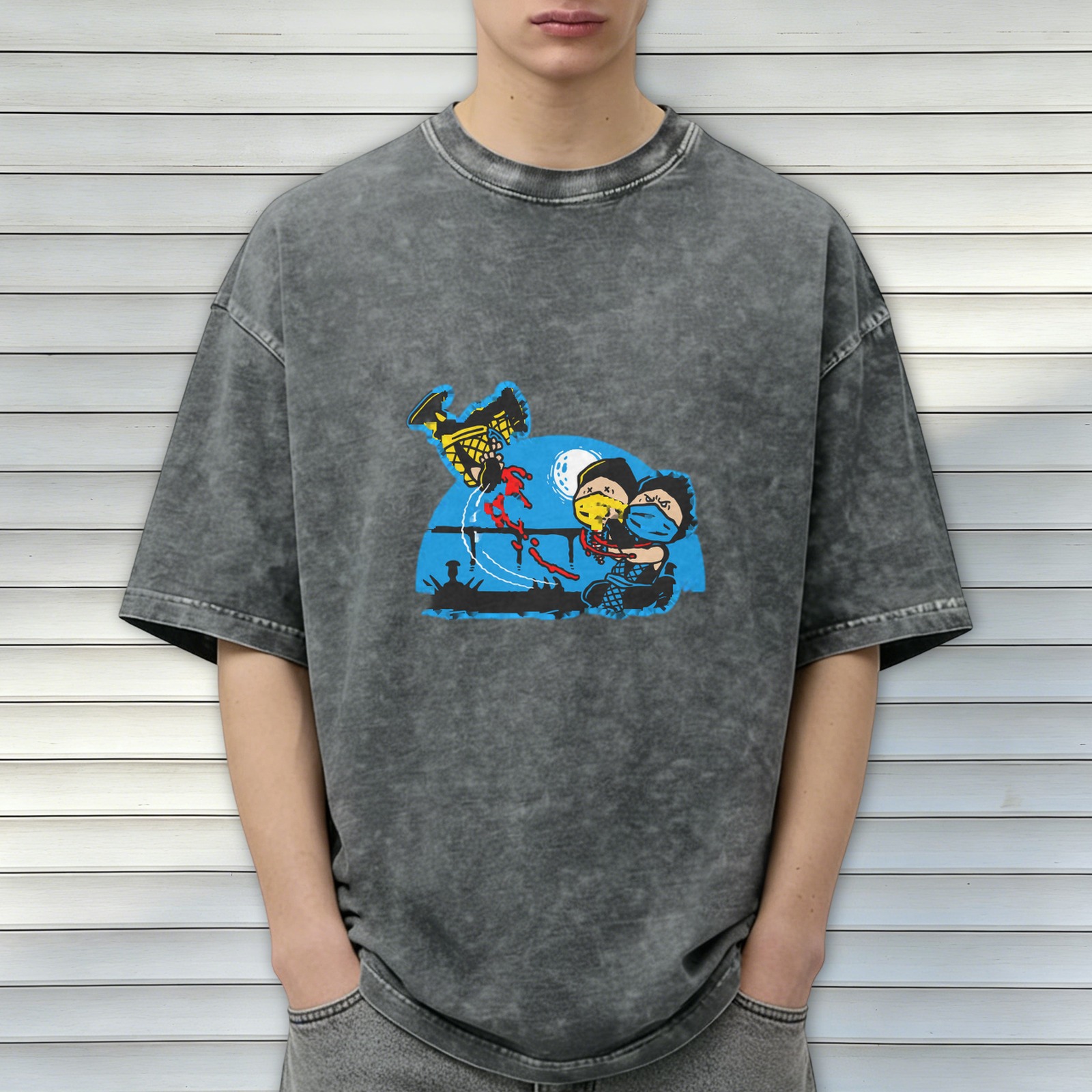 Washed Black Graphic T-Shirt With Cartoon Fight Scene Print