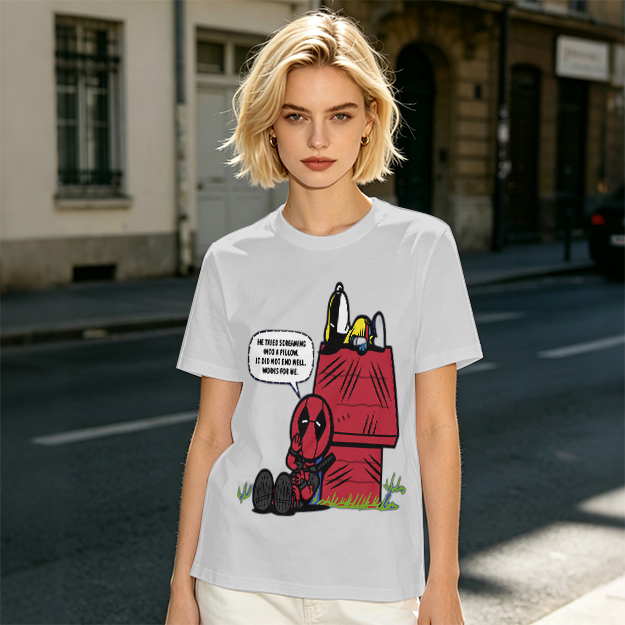 Olive t-shirt with Deadpool and Snoopy mashup graphic