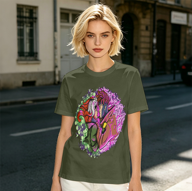 Olive T-Shirt with Gambit and Rogue Superhero Art Print