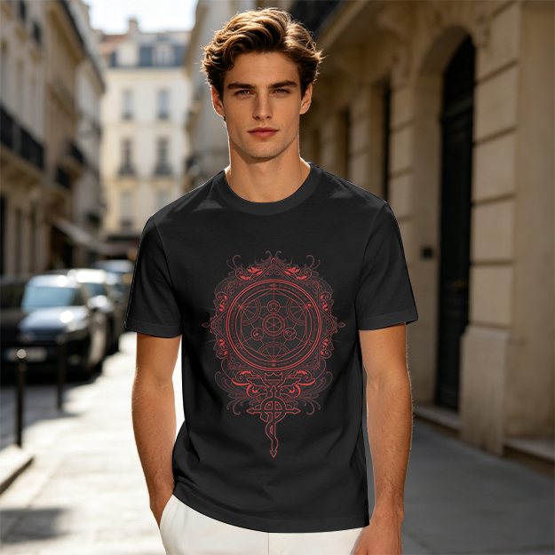 Olive T-Shirt With Red Occult Magic Circle Graphic