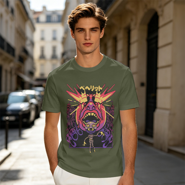 Olive t-shirt with surreal demon and ghost graphic print