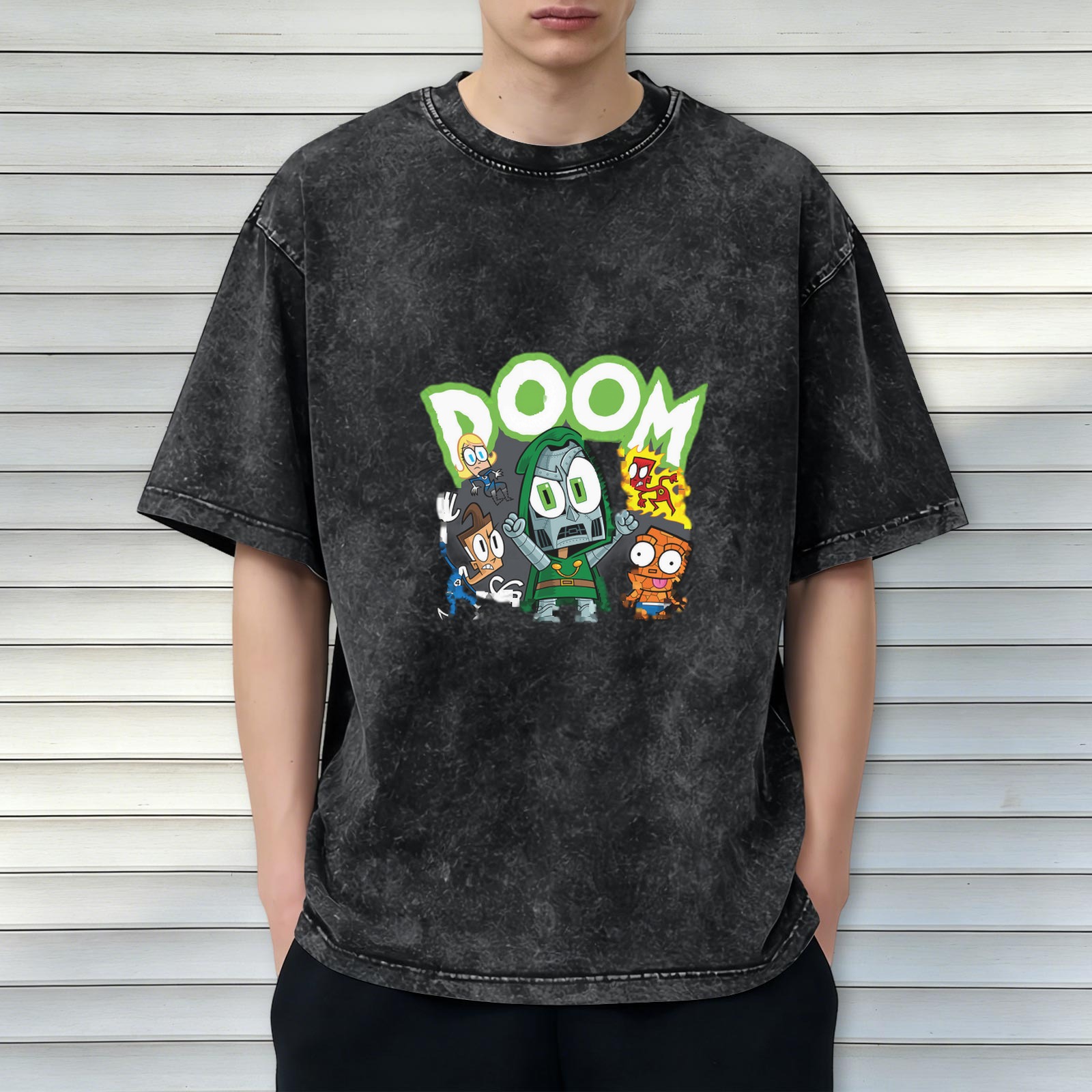 Washed Black T-Shirt With Chibi Doom And Fantastic Four Artwork