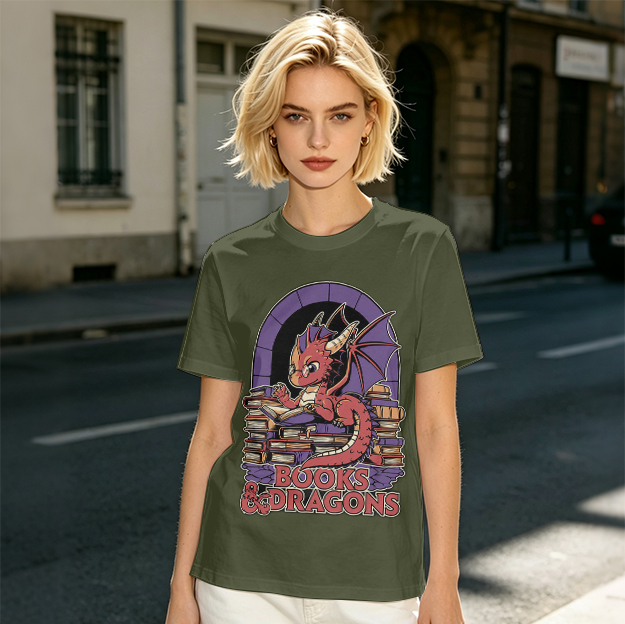Olive t-shirt with cute red dragon reading books graphic