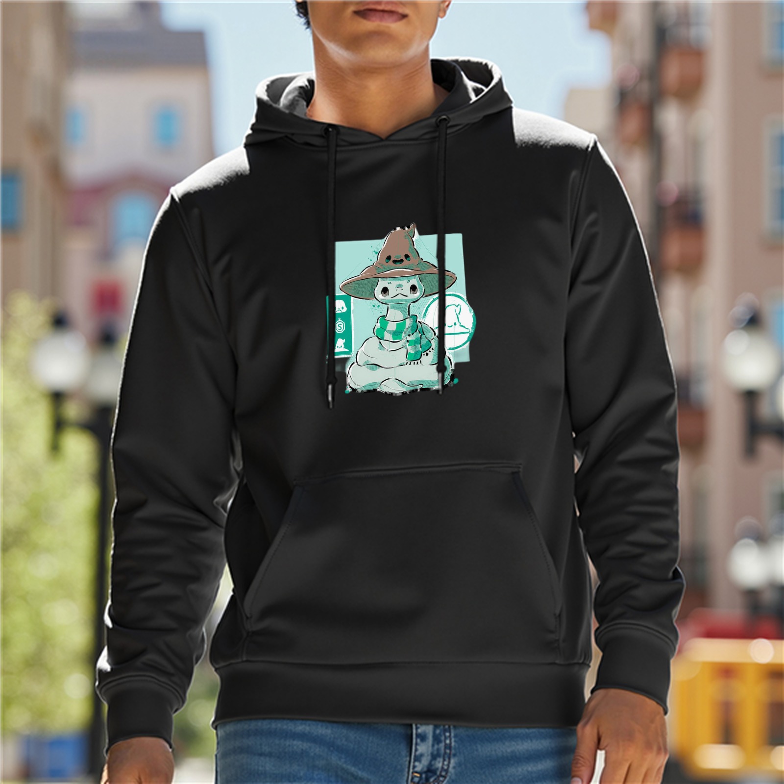 Black hoodie with cute wizard snake graphic design
