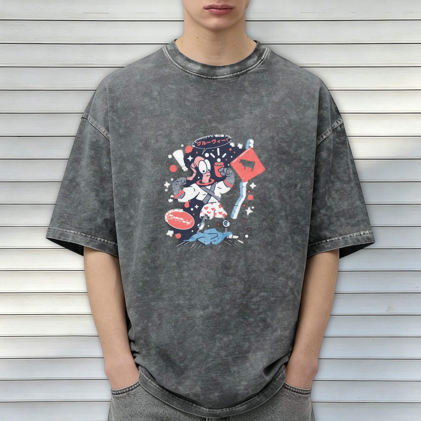 Washed black graphic t-shirt with retro cartoon space character print