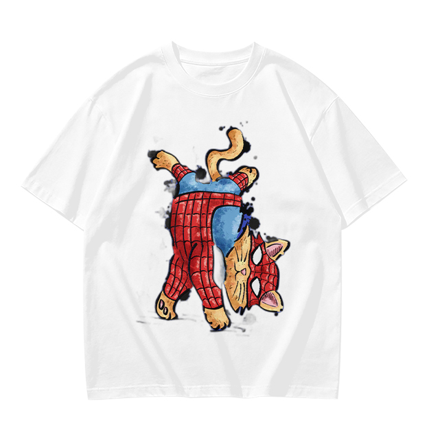 Olive T-Shirt With Playful Spider Cat Superhero Graphic Print