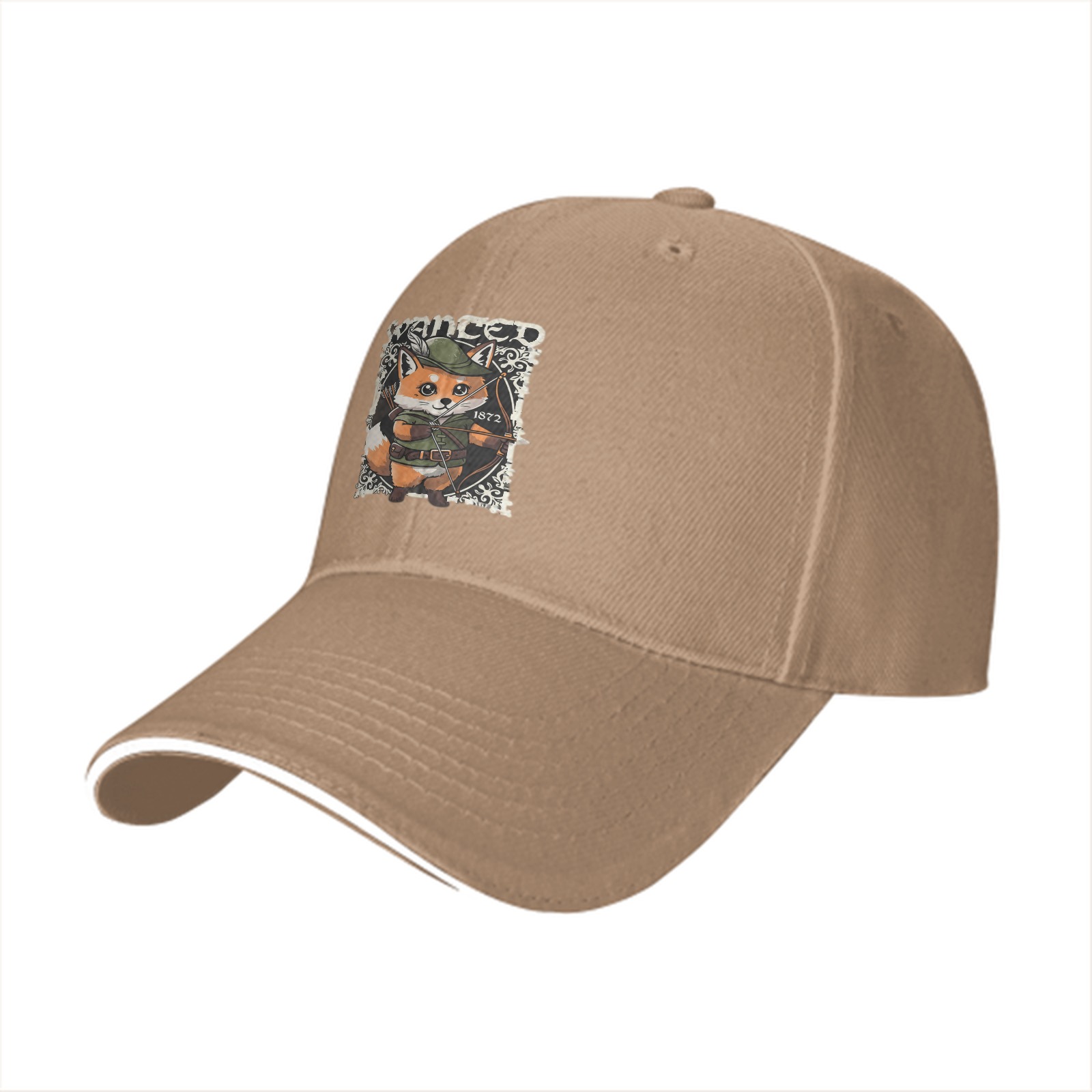 Black baseball cap with cute fox archer wanted print